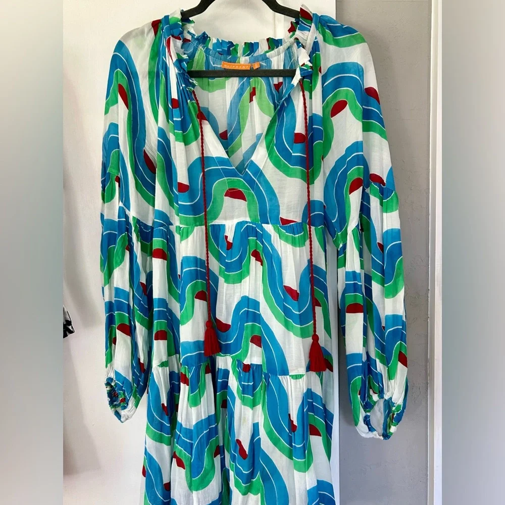 Oliphant Noveau Dress with Retro Swirl Pattern and Balloon Sleeves- Small - Picture 3 of 9